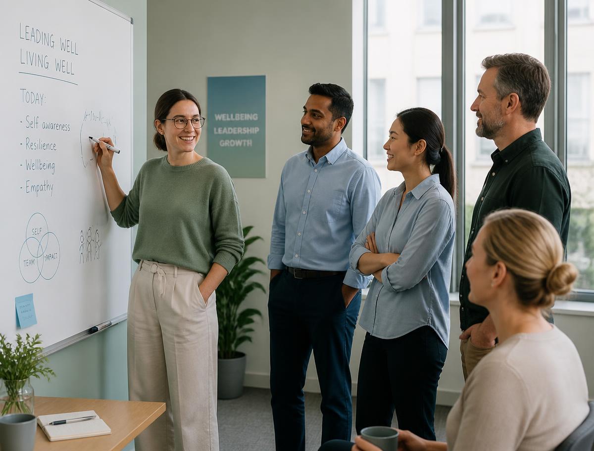 Equipo diverso en un programa corporativo de bienestar y liderazgo